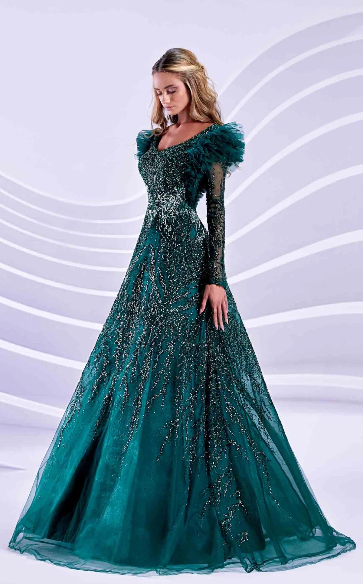 Embellished A-Line V-neckline Long Sleeve Gown by Modessa Couture - Azyaa Noor