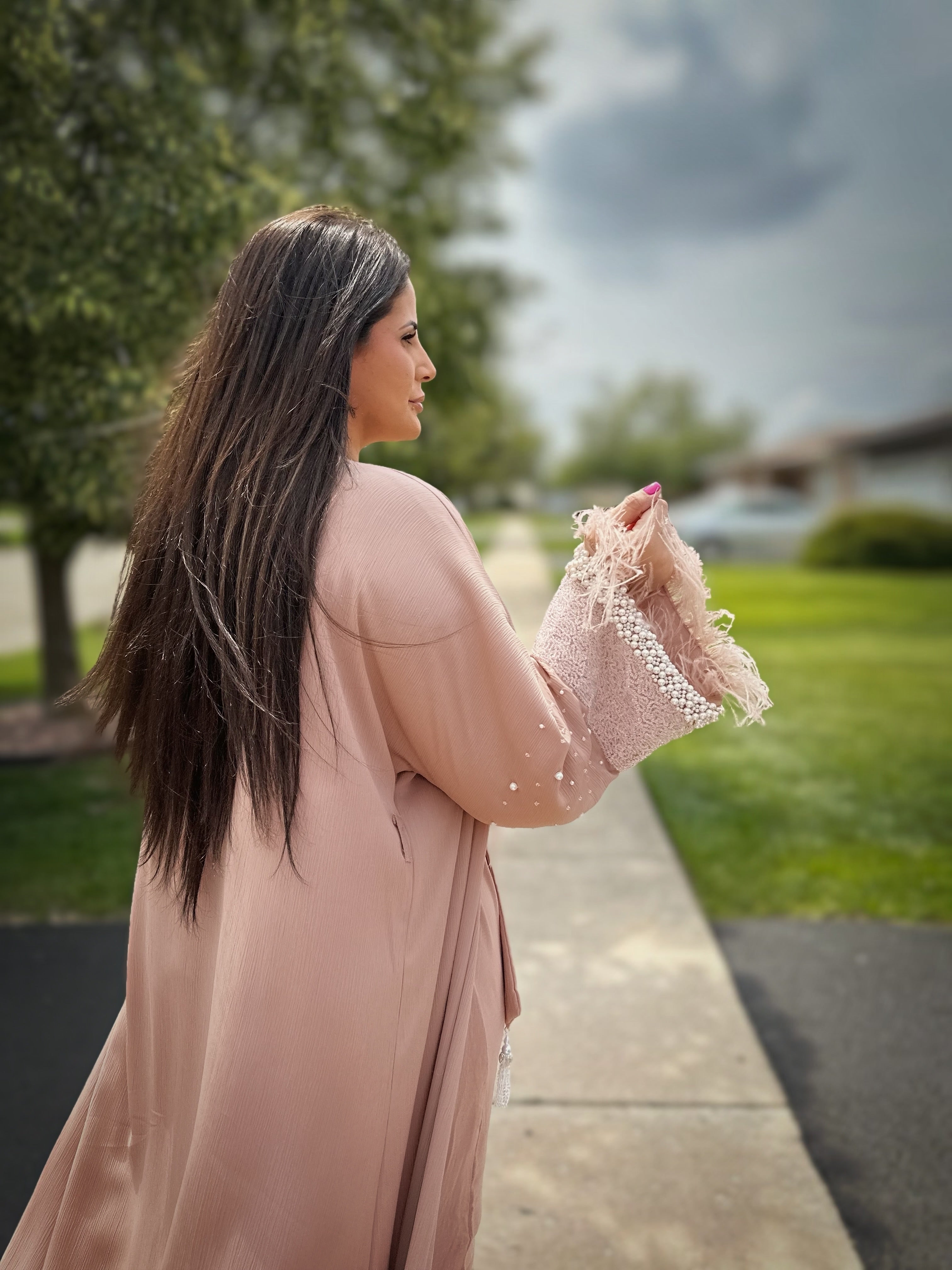 The Perla Abaya Elegant Blush Pink With Pearl Accents