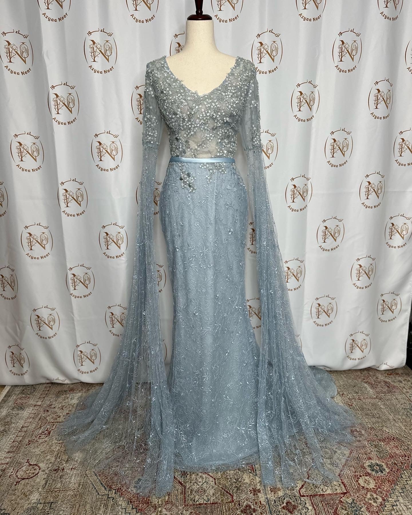 Embellished V-neckline Cape Sleeves Mermaid Gown by Modessa Couture - Azyaa Noor