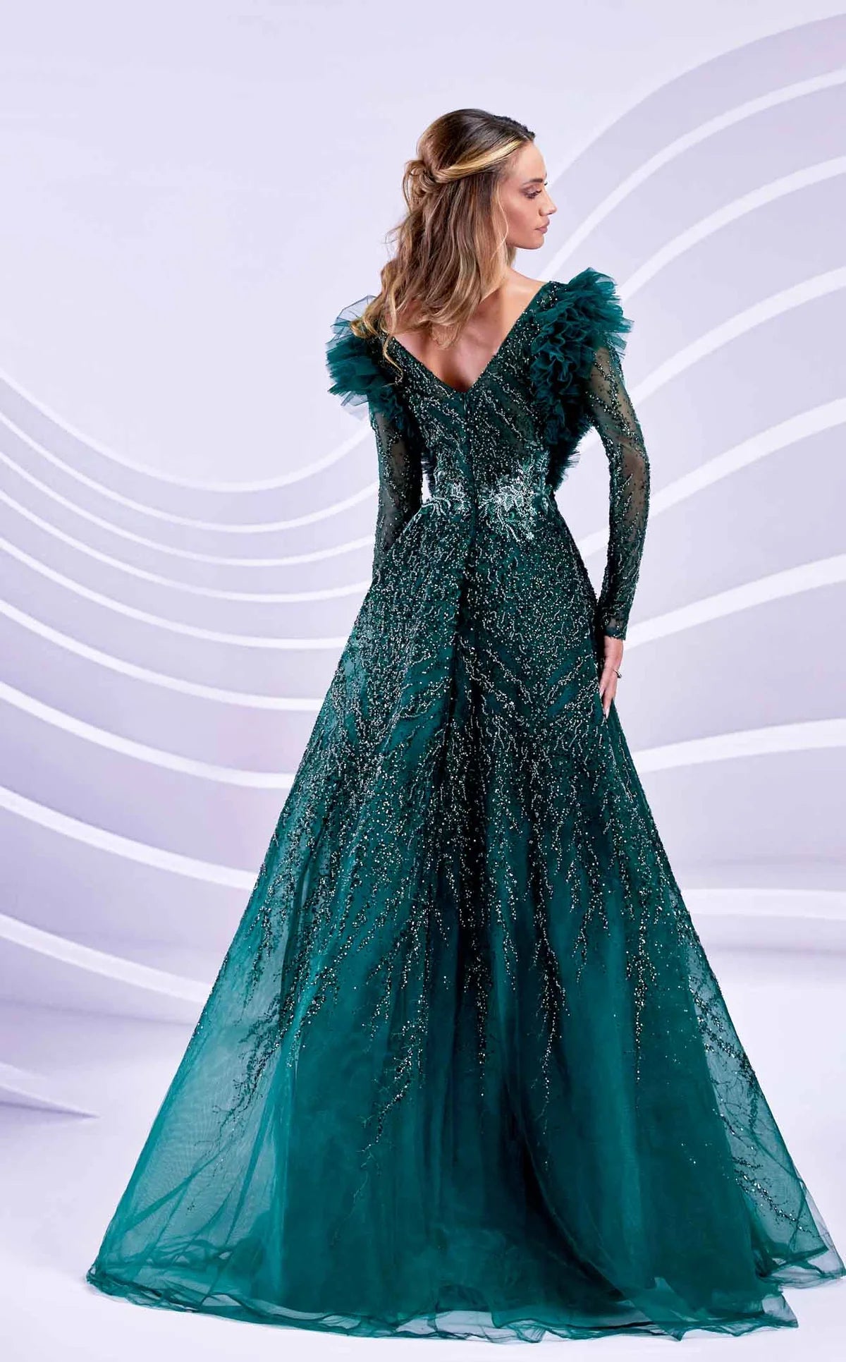 Embellished A-Line V-neckline Long Sleeve Gown by Modessa Couture - Azyaa Noor