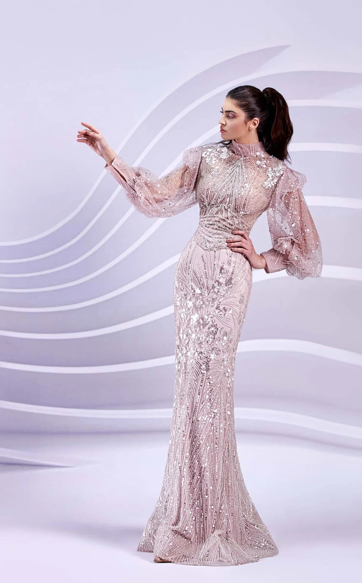 Turtle Neckline Embellished Long Mermaid Dress by Modessa Couture - Azyaa Noor