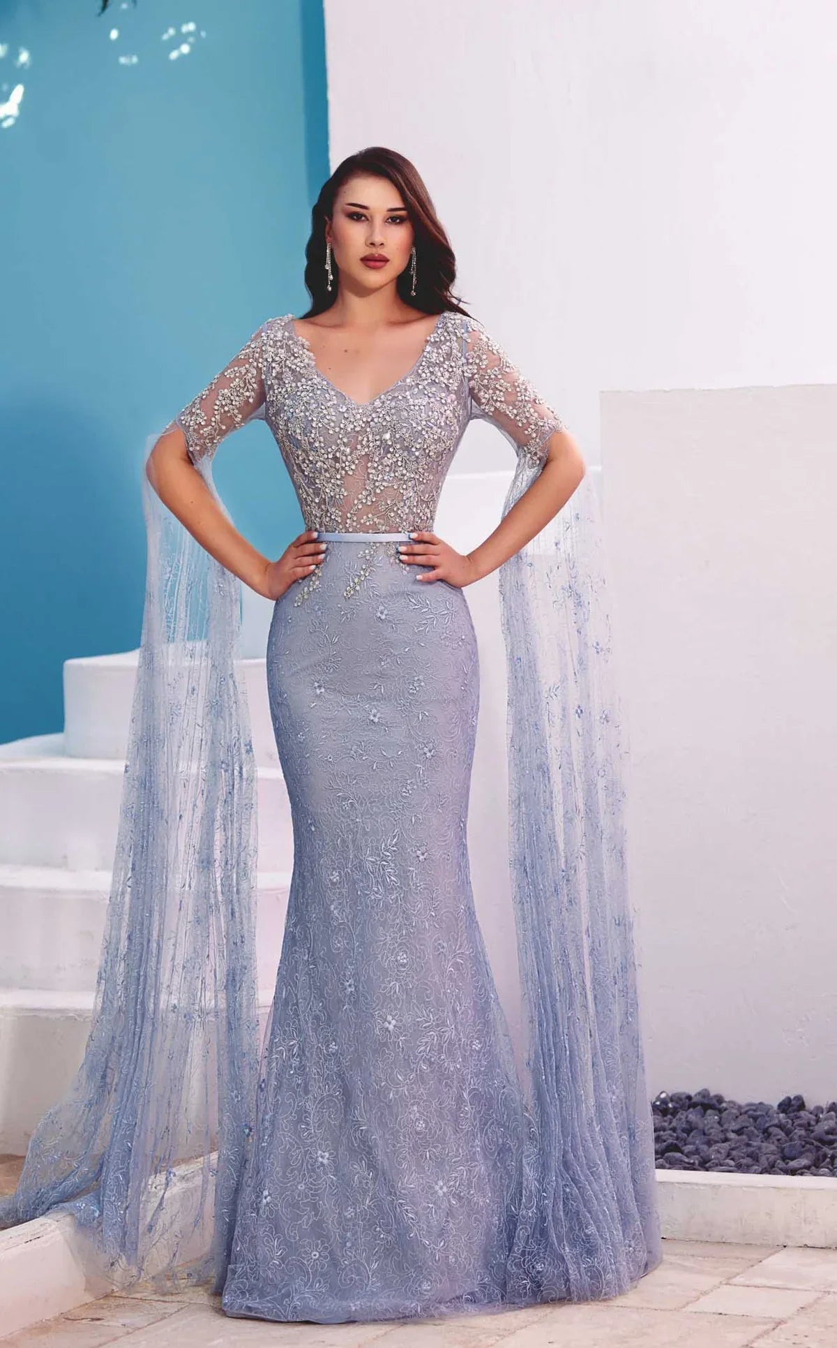 Embellished V-neckline Cape Sleeves Mermaid Gown by Modessa Couture - Azyaa Noor