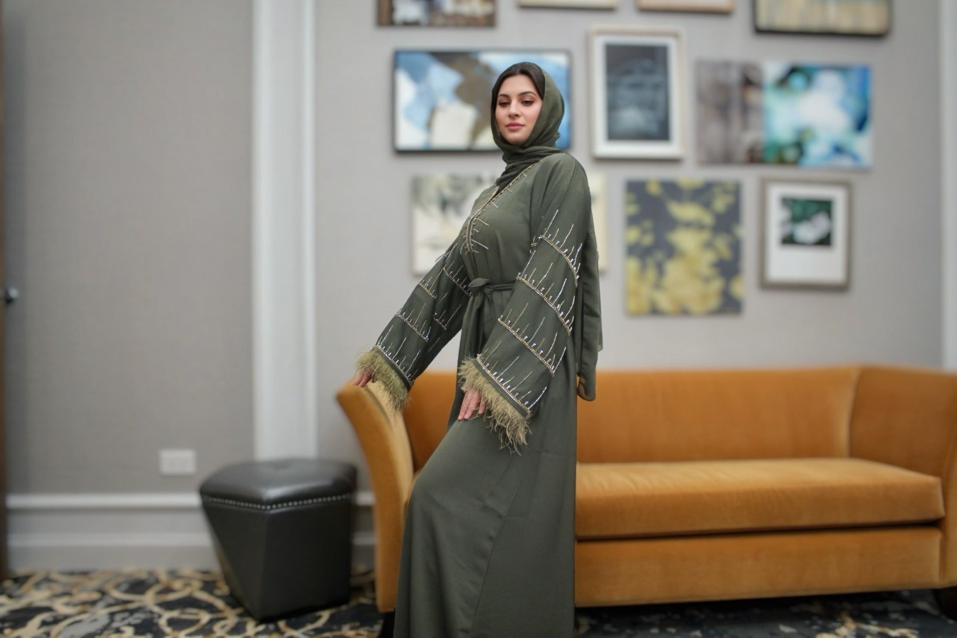 Olive Luxe Abaya with Elegant Gold and Silver Details