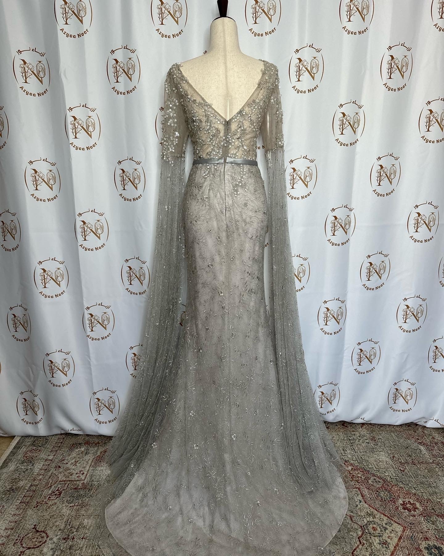 Embellished V-neckline Cape Sleeves Mermaid Gown by Modessa Couture - Azyaa Noor