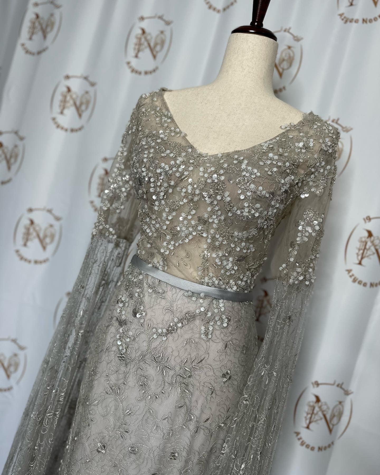 Embellished V-neckline Cape Sleeves Mermaid Gown by Modessa Couture - Azyaa Noor