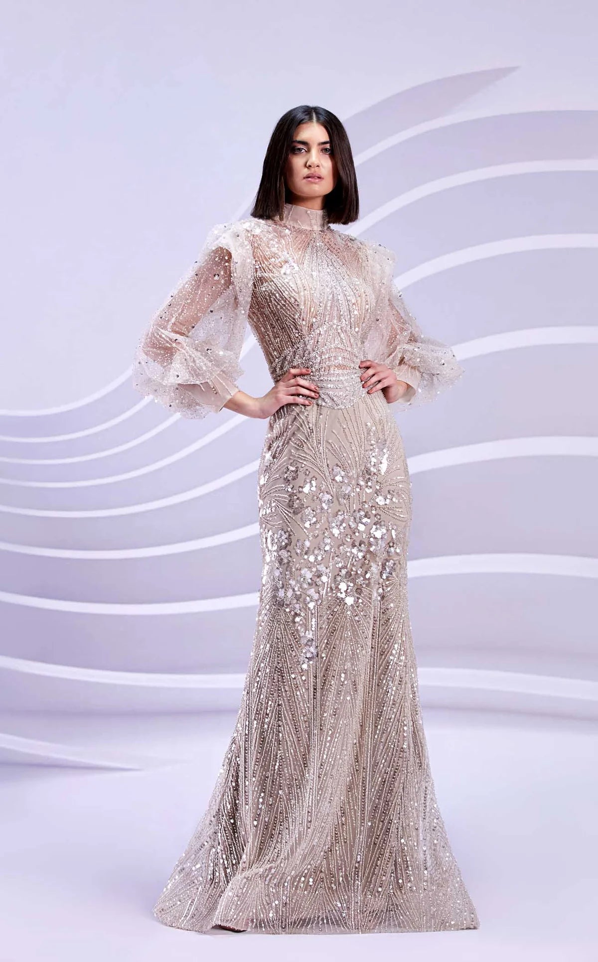 Turtle Neckline Embellished Long Mermaid Dress by Modessa Couture - Azyaa Noor