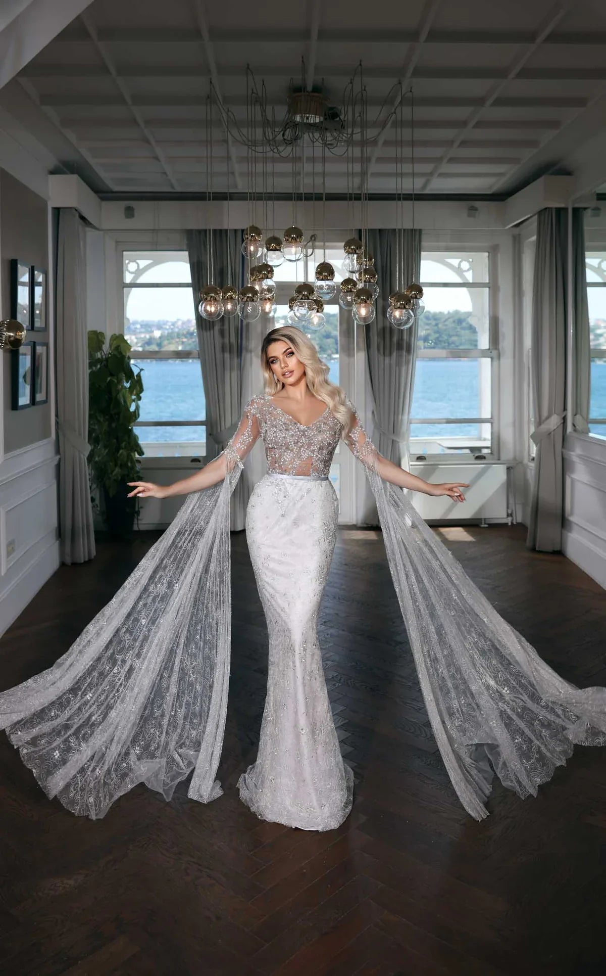 Embellished V-neckline Cape Sleeves Mermaid Gown by Modessa Couture - Azyaa Noor