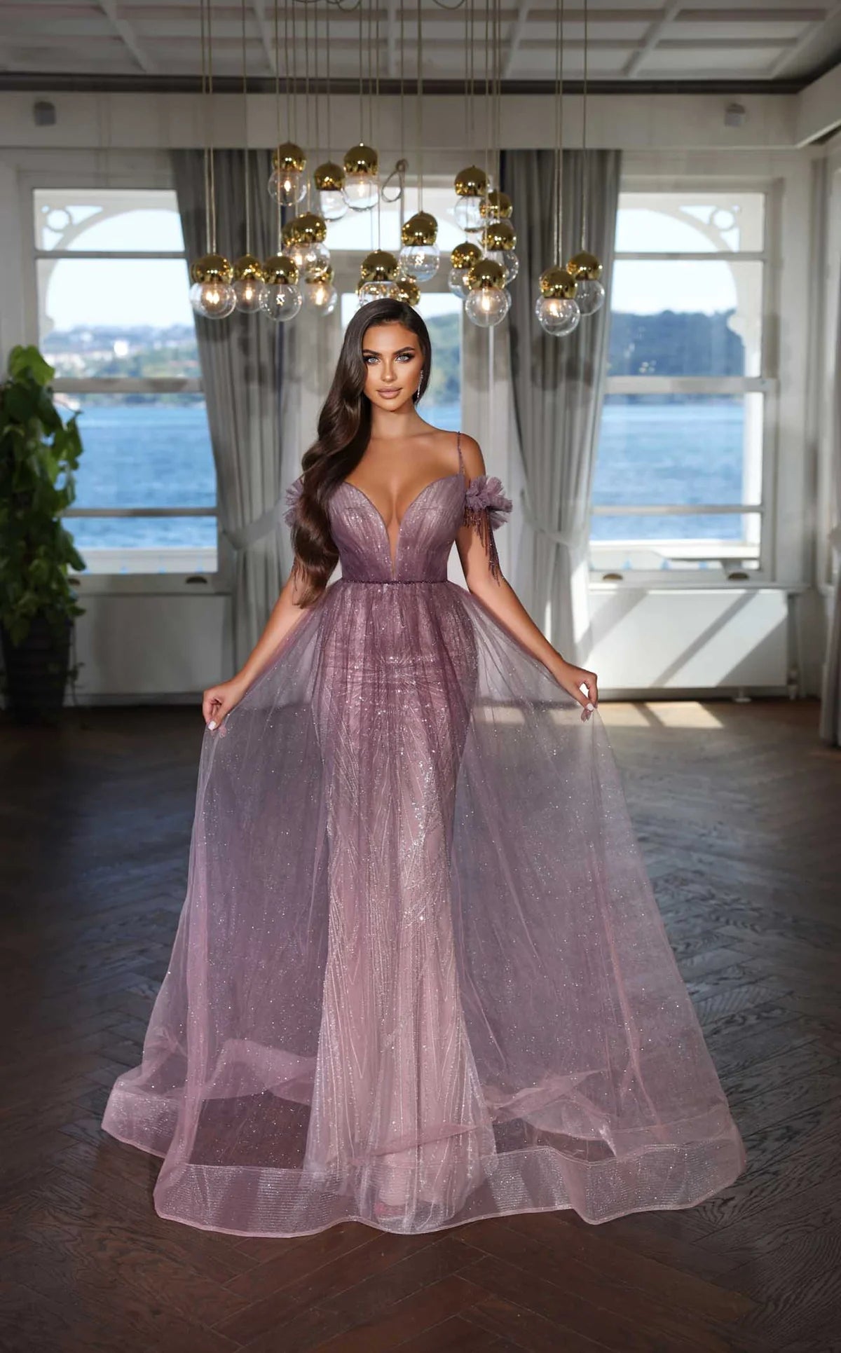 Glimmering Cold Shoulder Plunging Neckline A-line Gown by Modessa Couture - Azyaa Noor