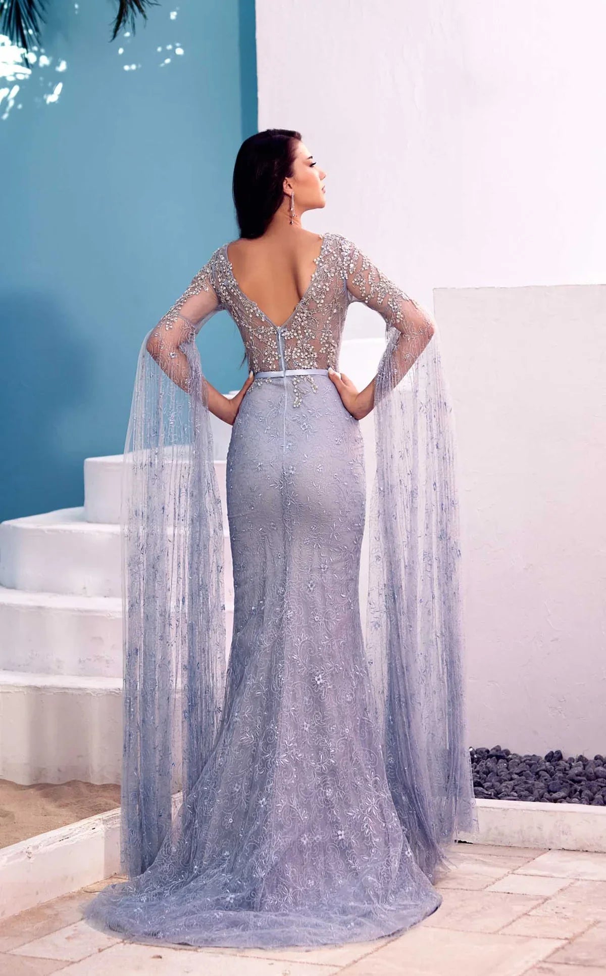 Embellished V-neckline Cape Sleeves Mermaid Gown by Modessa Couture - Azyaa Noor