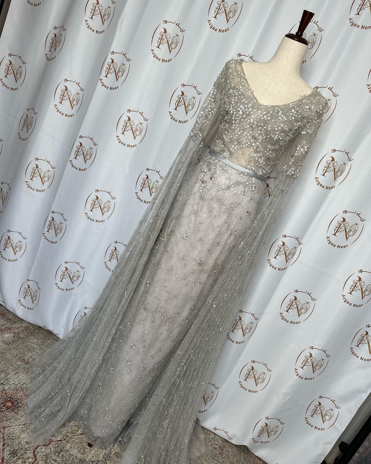 Embellished V-neckline Cape Sleeves Mermaid Gown by Modessa Couture - Azyaa Noor